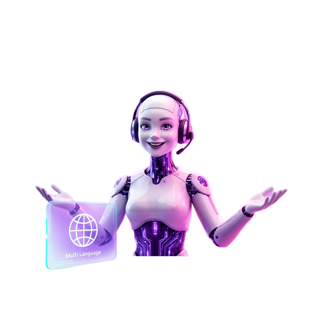 AI receptionist robot at a desk with holographic teal interface screens